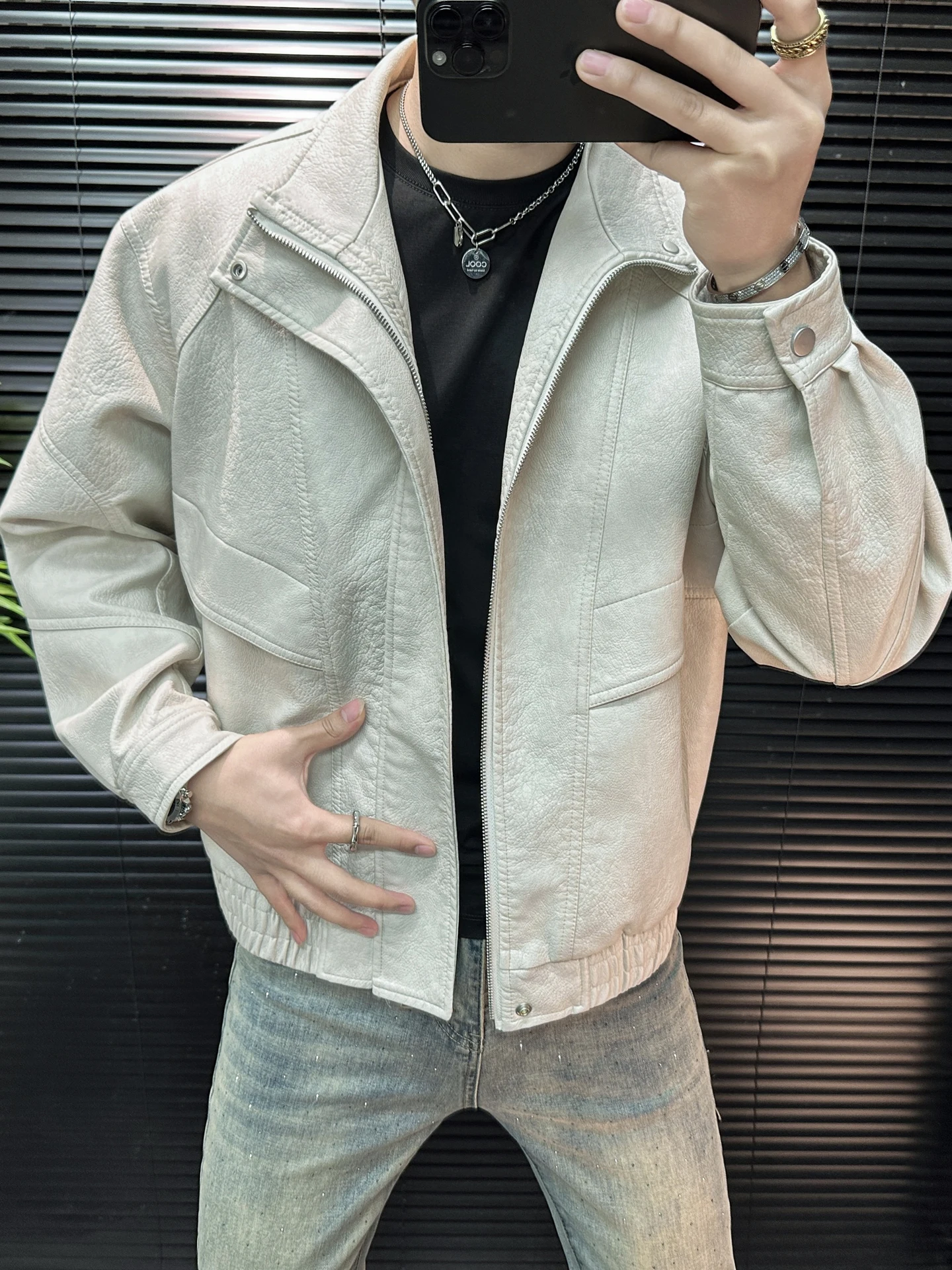 

Весенняя тонкая кожаная куртка в американском ретро-стиле с воротником-стойкой для мужчин, стильная повседневная кожаная куртка для мужчин