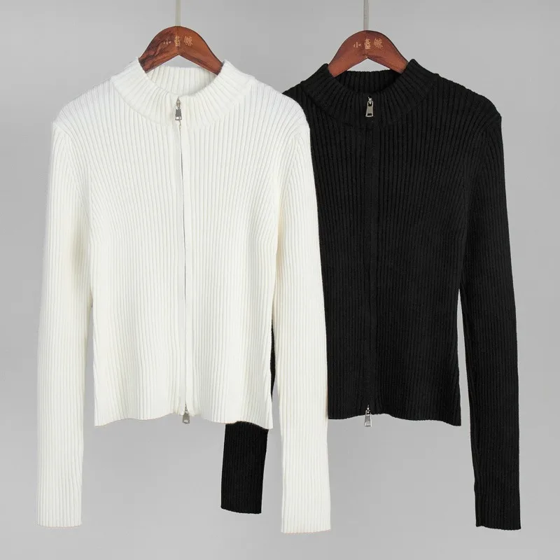 Doppelter Reißverschluss, solide, gerippte Strickjacken für Damen, O-Ausschnitt, lange Ärmel, schmaler lässiger Pullover, Jacken, 2025, Herbst-Winter, Caots