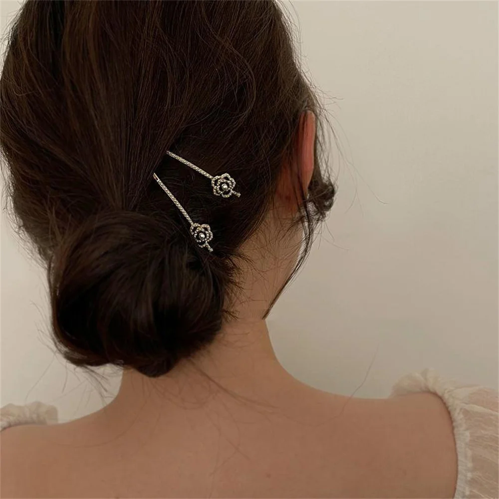 Elegent Black Rose Flower Hair Clip For Women Exquisite Glitter Rhinestone Pearl One-Word Clips Broken Bangs Hairbands Headdress