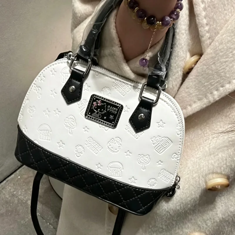 20Cm Sanrio Embossing Hello Kitty Black and White Series Crossbody Bag Cortex Waterproof Wear-Resistant Lady Travel Shoulder Bag