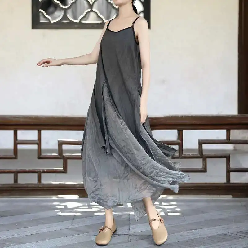 UMI MAO-Vestido feminino de algodão e cânhamo, vestido com vinco pressionado, saia tingida de carbono, saia velha, 3 camadas, fluindo, Novo, 2022
