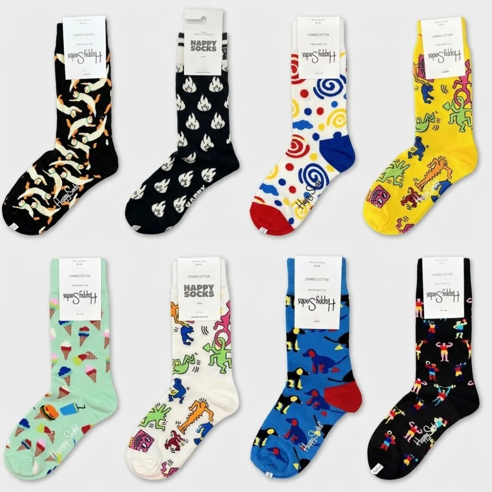 Happy Socks Crew Socks 3 Pairs Women Combed Cotton Mid Tube Sock Novelty Funny Printed Ins Style Streetwear Casual Fashion Set