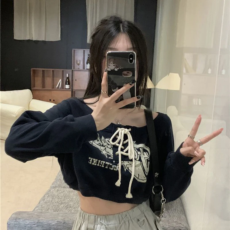 MEXZT Y2K Crop Sweatshirts Women Streetwear Print Bandage Hoodies Vintage Korean Off Shoulder Pullover Long Sleeve Casual Tops