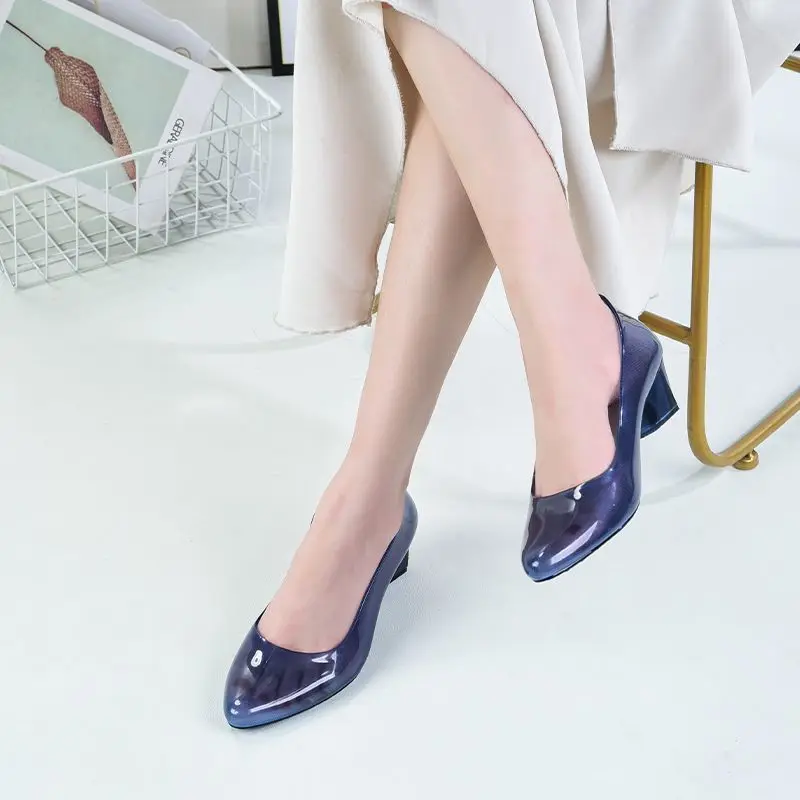 FHANCHU 2023 New Women Pumps,Soft PVC High Heels,Kitchen Crystal Work Shoes,Slip On,Pointed Toe,Black,Blue,Pink,Khaki,Dropship