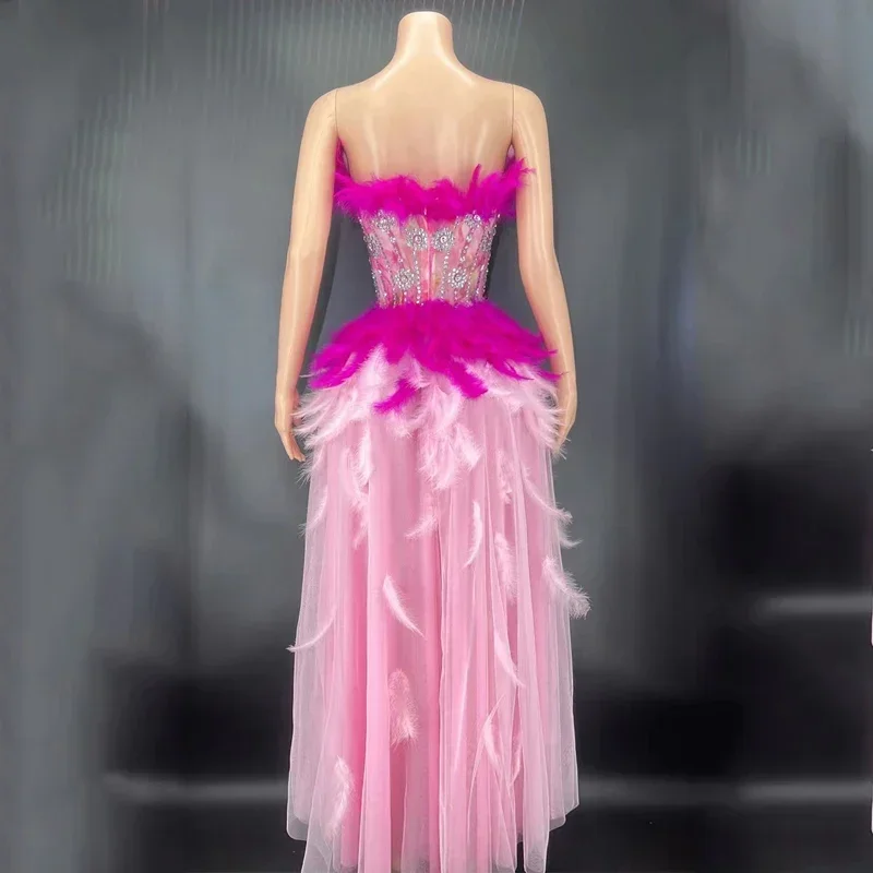 Shiny Rhinestones Mesh Body Sculpting Waist Dress Sexy Pink Feather Evening Dress Women Birthday Celebrate Costumes XS4185