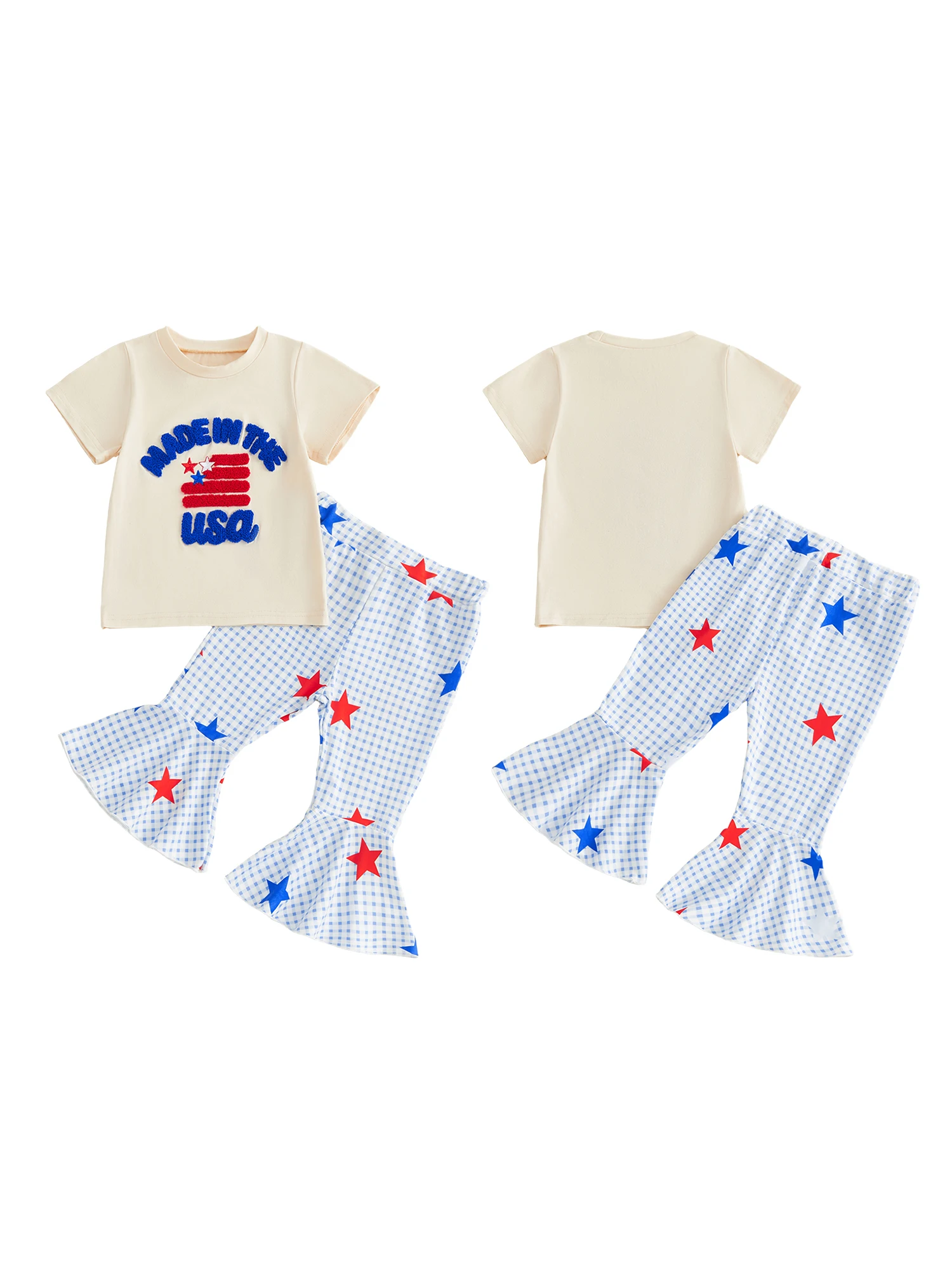 

Патриотический наряд для маленьких девочек: топ с принтом американского флага и клетчатые брюки-клеш со звездами — комплект из двух предметов ко Дню независимости (4 июля)