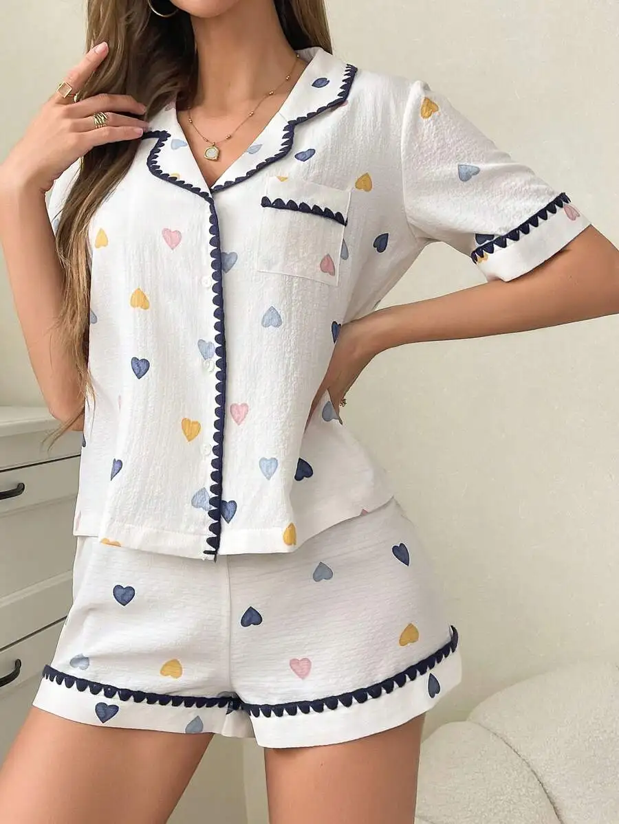 

Colorful Heart Print Contrast Trim Lapel Collar Women Pajama Set