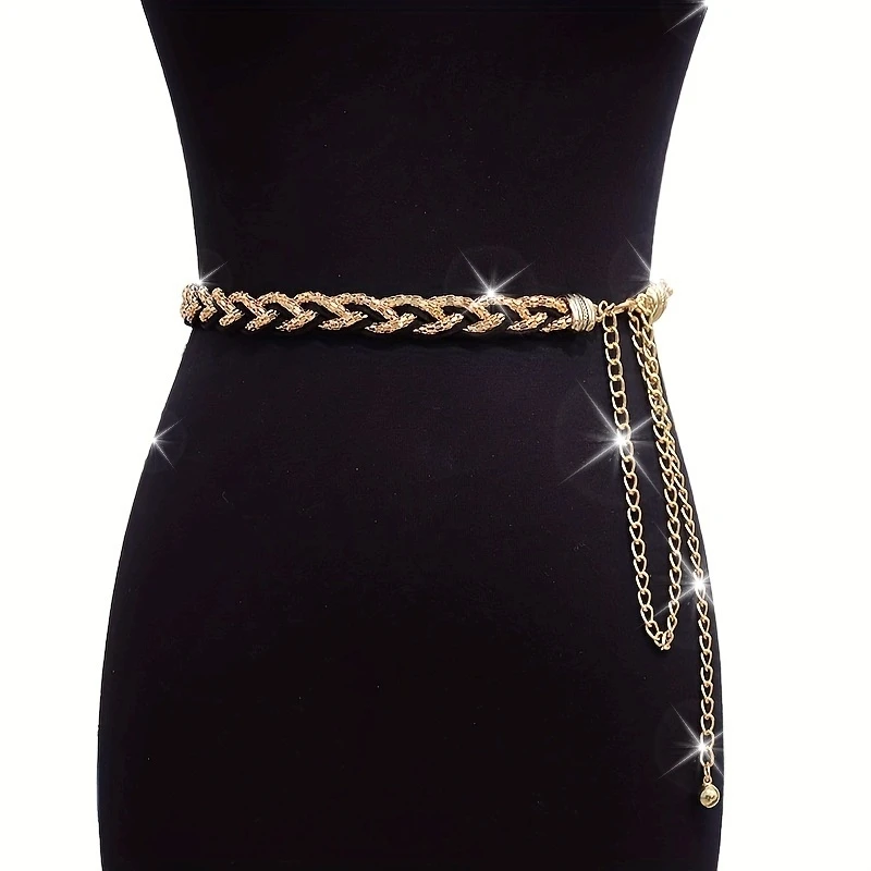 Braided Metal Chain Waist Belt Women Gold Adjustable Tassel Ball Chain Decor Waist Chain Fashion Slim Belt For Dresses