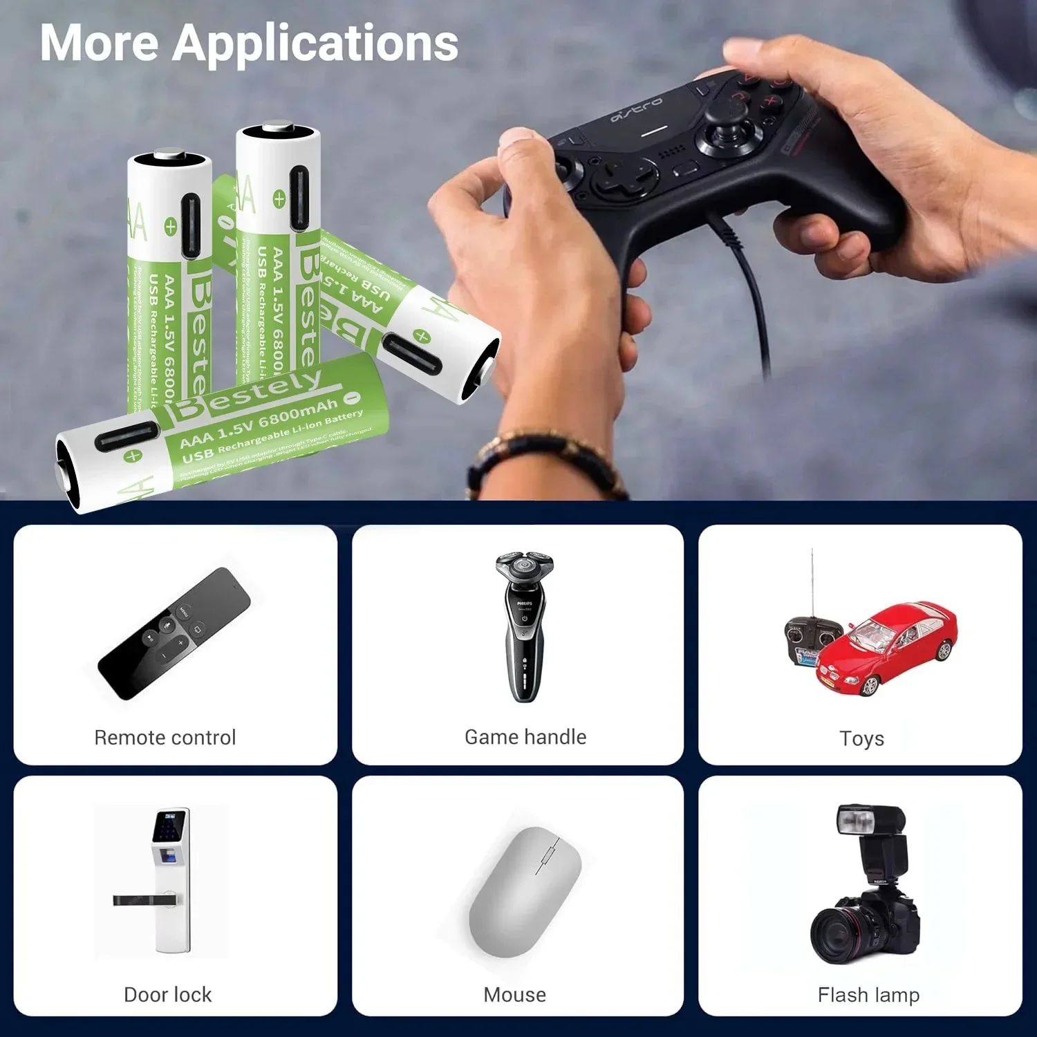 بطاريات ليثيوم جديدة 1.5 فولت AAA قابلة لإعادة الشحن بسعة 6800 مللي أمبير في الساعة، بطارية ليثيوم أيون من النوع C USB AAA دورة 2000 مرة مع كابل مجانًا