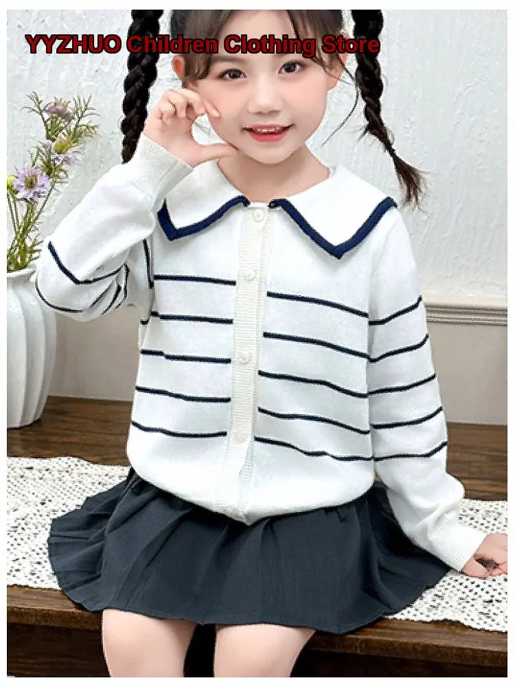 Girls Knit Cardigan Navy Collar Striped Spring 2026 Lightweight Outerwear Kids