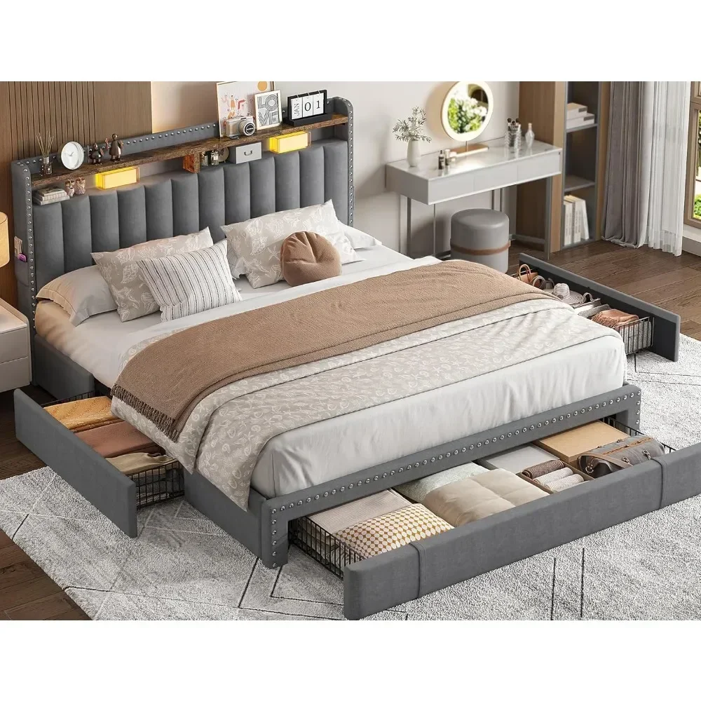 Bed Frame Queen size 2-Tier Storage Headboard,Upholstered Platform Bed Frame Full Size with 3 Drawers,with Storage