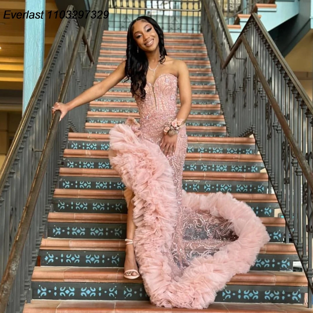 EVLAST Customized Rose Pink Ruffles Prom Dress For Black Girls Diamond Rhinestone Beaded High Slit Party Gala Gown TPD141