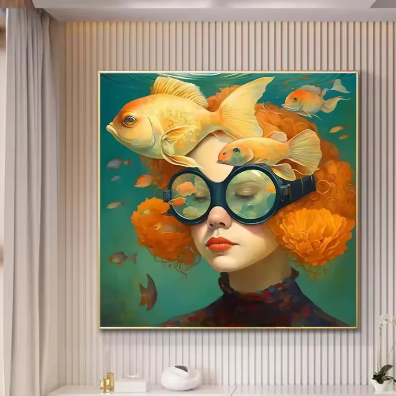 Surrealism Woman Portrait Canvas Painting Wall Art Wonderful Fantasy Fish And Girl Poster Prints For Living Room Home Decor