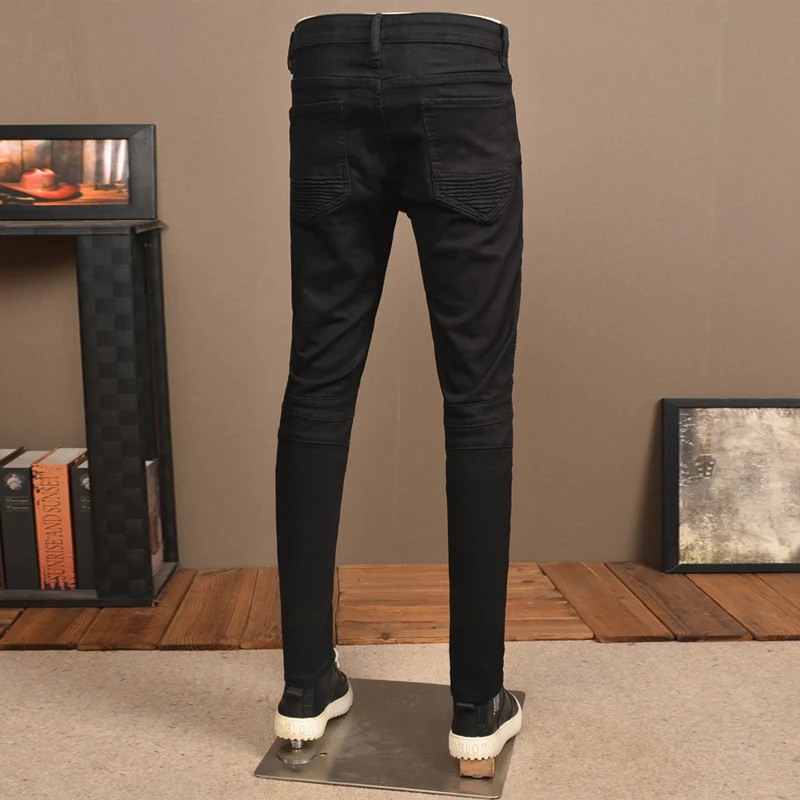 Calça lápis jeans jeans elástica hip-hop masculina, com ajuste fino e elástico, jeans de motoqueiro emendado, preta, moda rua