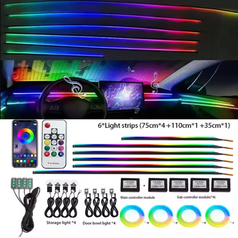 

18/22 в 1 светодиодный автомобильный окружающий свет 213 64 цвета с управлением через приложение интерьер стример симфония RGB Радужная акриловая лента с пультом дистанционного управления 12 В
