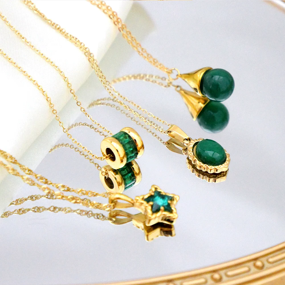 LUXUSTEEL Stainless Steel Cubic Zircon Pendant Necklace For Women Girls Elegant Green Stone Crystal Charm Snake Chain Choker