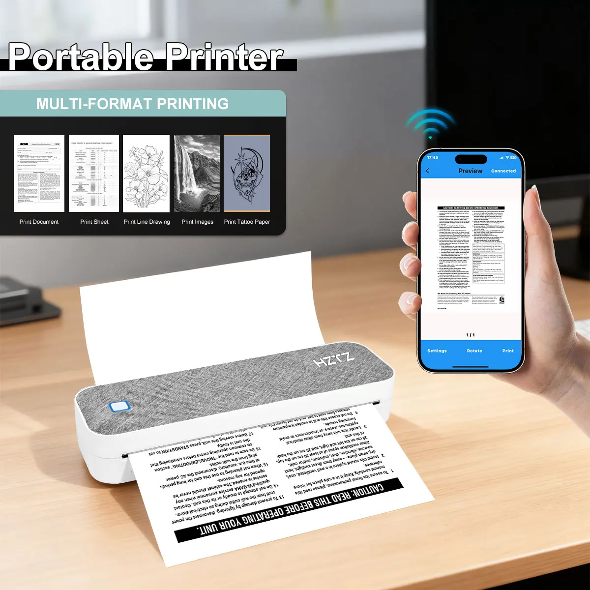 Portable A4 Thermal Printer: Wireless Bluetooth, Phone/PC/Tablet Compatible, 652g Lightweight for Office, Travel, Tattoo & Study
