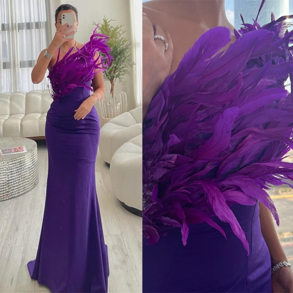 

Fashion One Shoulder Sheath Party Dress Floor Length Sleeveless Feathers Formal Evening Gowns 이브닝드레스 فستان سهره