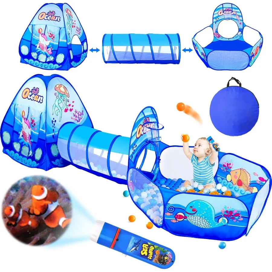 Tienda de juegos 3 en 1 con túnel de juego, linterna de proyección de pozo de bola para niños y niñas, casa de juegos emergente, juguete para bebé Indoo