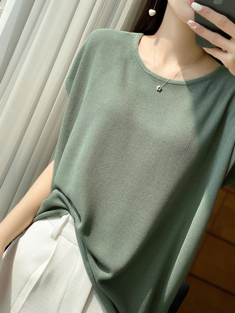 Oversize Women\'s T-Shirts Ice Silk Coolness Solid Tops Loose O-Neck Pullovers Short Sleeves Spring Summer Fashion Elegant Casual