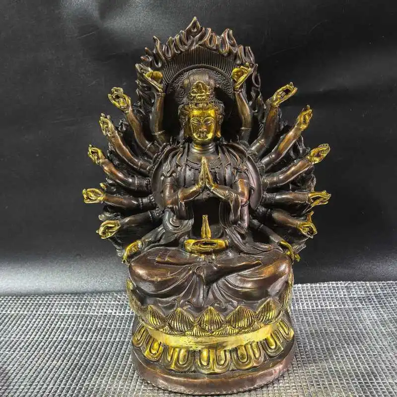 Large bronze statue of the Thousand-Armed Avalokiteshvara Bodhisattva, pure copper craft ornament, sitting figure for home worsh