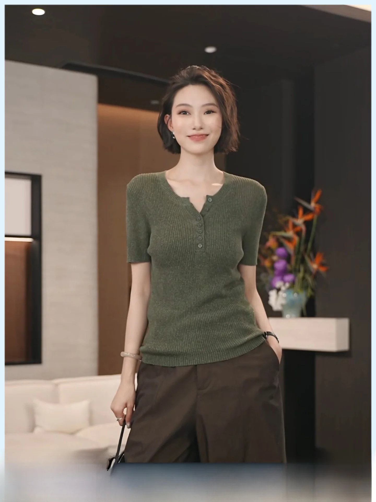 

Женская футболка Slim Fit из льна и вискозы с коротким рукавом, вязаная, с воротником хенли, летняя, новый стиль, дышащая, комфортная