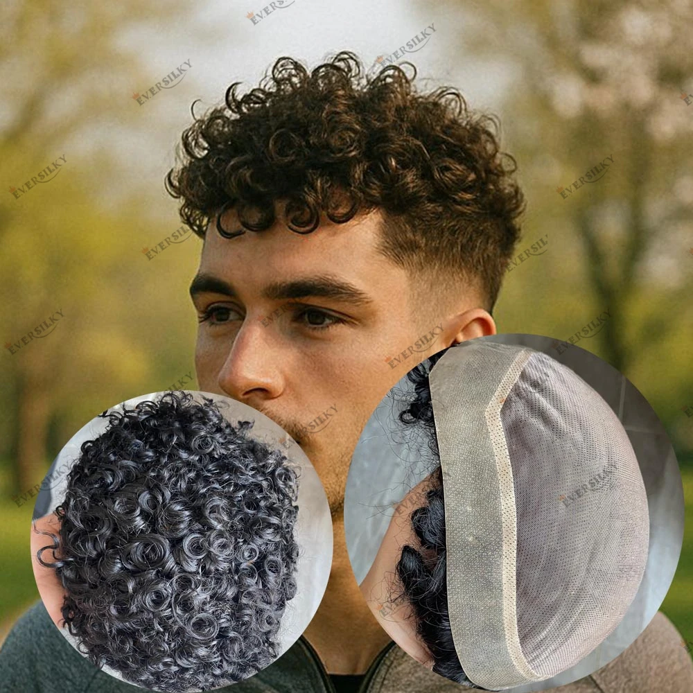 

Human Hair Tight Curly 15mm 18mm Black Brown Men's Hair Replacement System Hairpieces Durable Mono Lace&PU Base 30mm Wave/Strait
