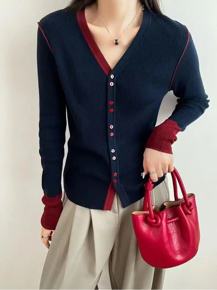 Contrast Color V-neck Knitted Fake Cardigan Slim Fit Color Block Sweater Personalized Button Coat Autumn and Winter Popular Tops