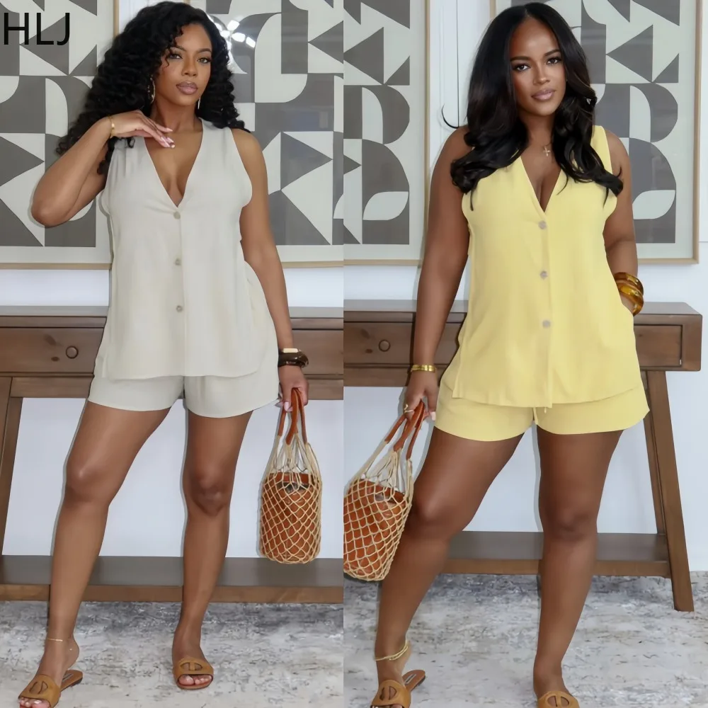 

HLJ Casual Solid Color Woman 2 Piece Set Outfit V Collar Sleeveless Cardigan and Shorts Matching Female Streetwear Clothing New