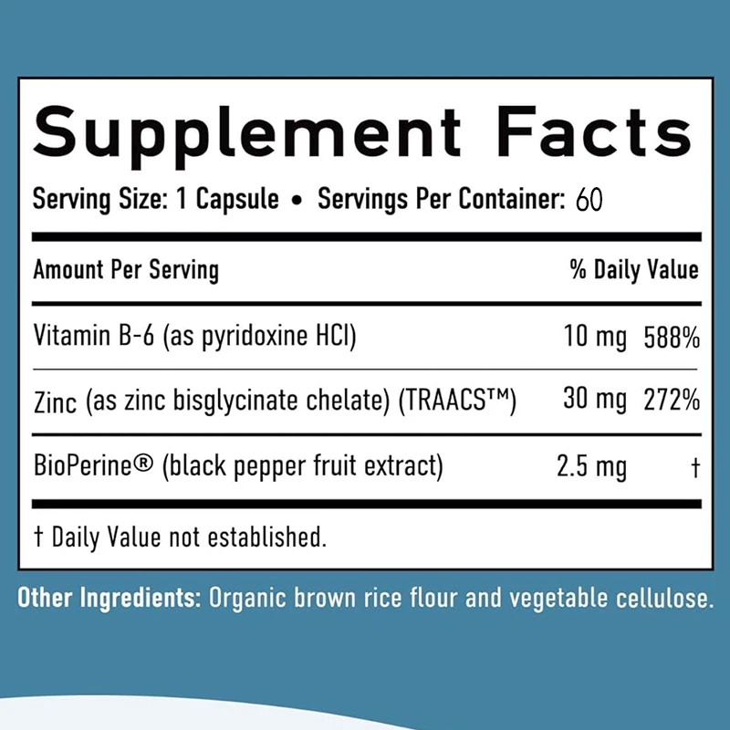 Chelated zinc supplements | Zinc glycinate | Zinc glycinate, vitamin B6, and BioPerine | Non GMO, gluten free -60 capsules