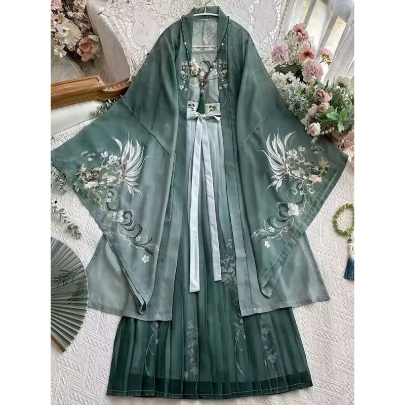 Hanfu chino tradicional Vintage para mujer, disfraz de Halloween, vestido Hanfu verde estampado, conjuntos de 3 uds de talla grande XL