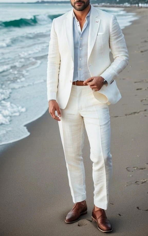 

White Men's Suits Beach Summer Jacket 2Pcs Blazer Casual Coat