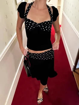 TARUY กระโปรงสตรี 2 ชิ้นชุดแฟชั่น Halter คอสั้นแขนเสื้อ Polka Dot พิมพ์ Patchwork ชุดกระโปรง Casual Lady ชุด