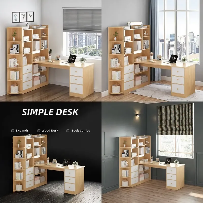 Modern Simple Corner Writing Desk 120cm Extendable Wooden Computer Desk Combination with Bookcase for Students Bedroom