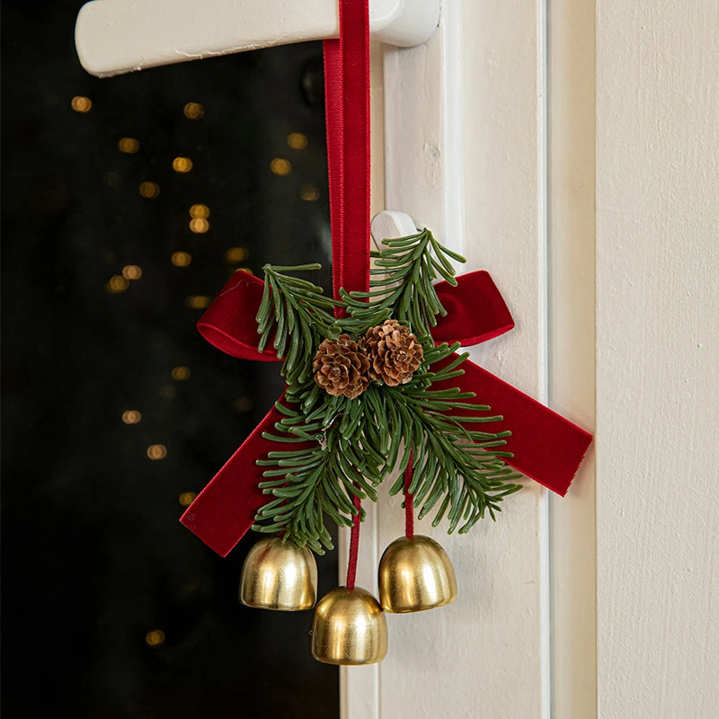 Christmas Pendant Red Velvet Bow Gold Small Bell Christmas Tree Hanging Ornament Home Door Hanging 2025 New Year Decorati