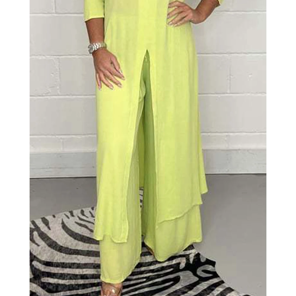 Autumn Spring Women High Slit Long Sleeve Top & High Waist Pants Set Casual Femme Fashion Two-Piece Set Outfits Woman
