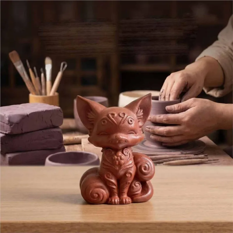 Yixing Purple Clay Tea Pet Nine Tailed Fox Shaped Tea Pet Desktop Fox Ornament Kung Fu Tea Tool Tea Ceremony Accessories ZJ114