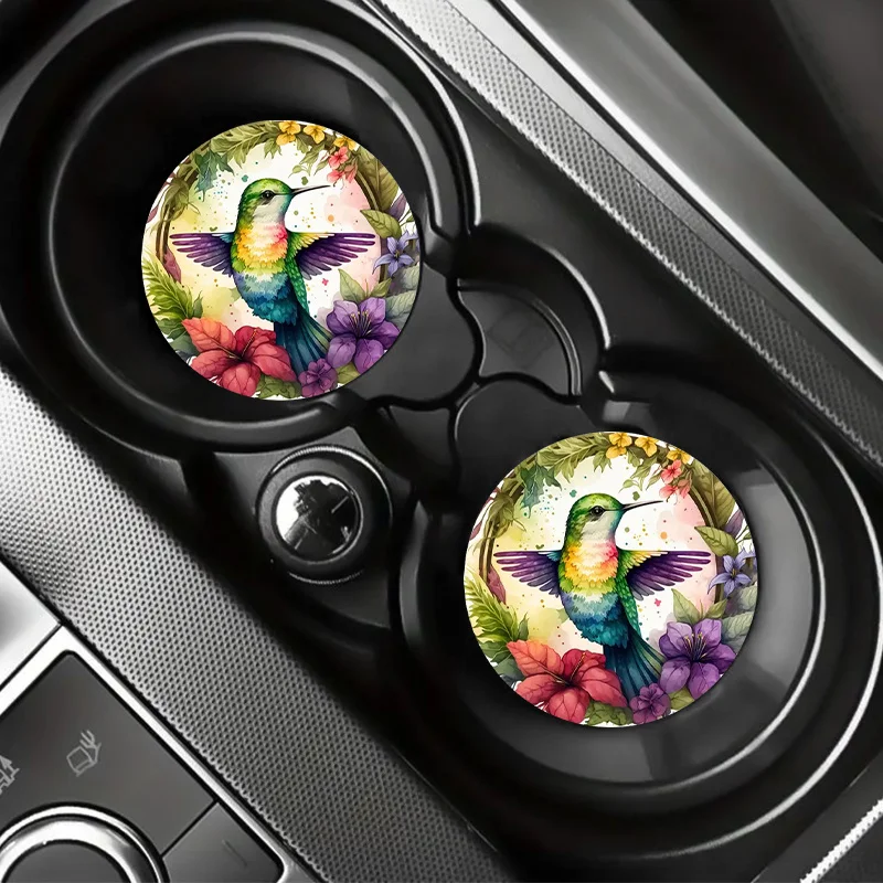 2pcs/set Spring Hummingbird Pattern Faux Leather Car Coaster, 2.75