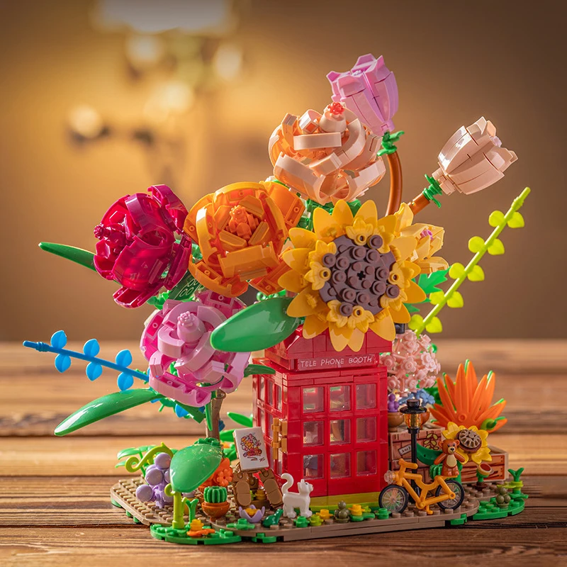 

Blooming Telephone Booth Building Blocks 1208PCS+ Creative Assembled 3D Eternal Flower Model Bricks Toy For Home Decor Gift