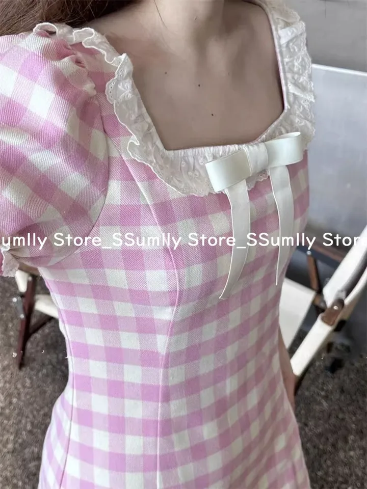 College Style Plaid Square Neck Dresses Women Sweet Slim Fit Lace Puff  Sleeve Dress Women Korean Fashion Design Pink Dress 2025 - AliExpress  200000345