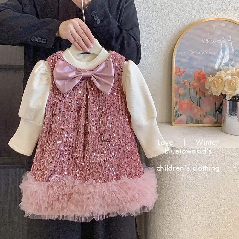 Korean Children Clothing 2024 Winter New Girls Sequin and Velvet Bow Vest Dress Children Velvet Top Dress Two Piece Set