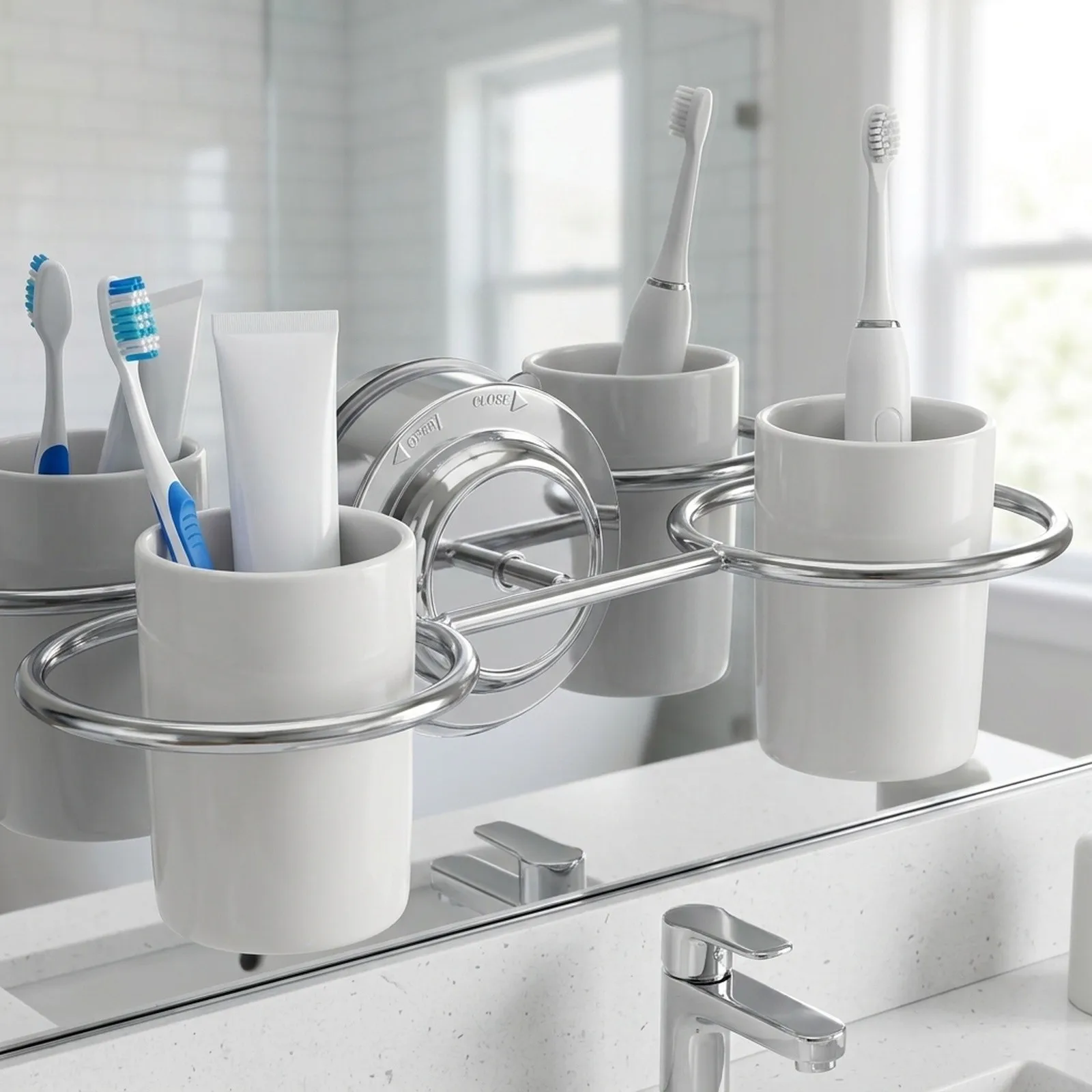 New Bathroom Suction Cup Holder Toothbrush Holder Kits Organizing Tools Stainless Steel With Cups 21.7cmx11.7cm