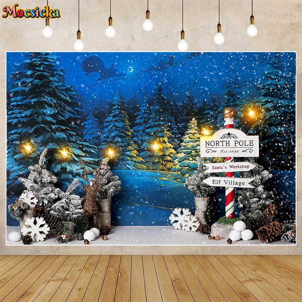 

Mocsicka Christmas North Pole Background Winter Snow Scene Street Pine Forest Child Portrait Photography Background Props Studio