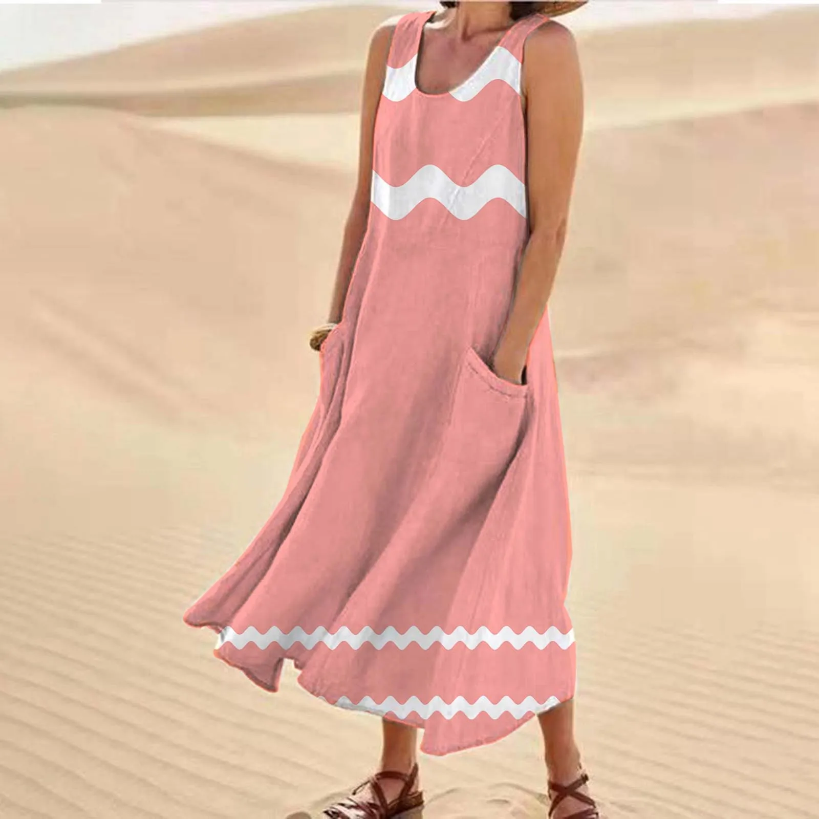 2024 Summer Casual Women Long Dress Wave Print Sleeveless Round Neck Dresses With Pocket Elegant Loose Holiday Sundress Dress