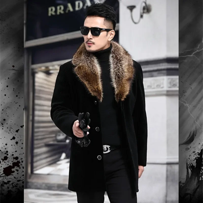 New Woolen Coat Men\'s Winter Single Breasted Thick Medium Long Woolen Windbreaker Woolen Collar Warm Coat Male Clothing