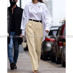 New niche design solid colour loose silhouette casual long-sleeved shirt top + high waisted casual wide leg trousers set