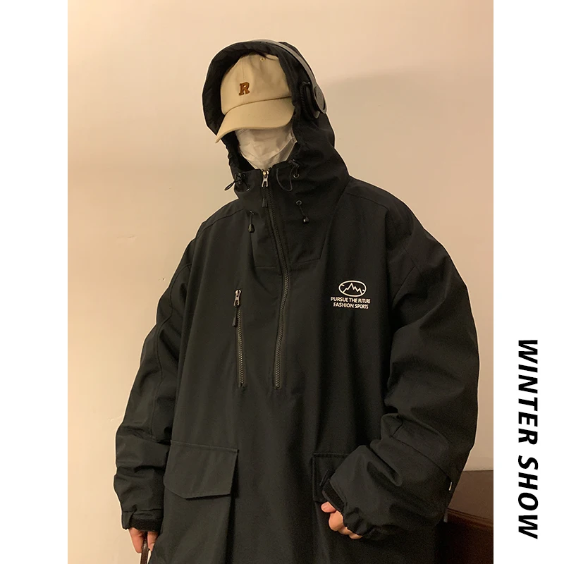 

Thiened Cotton Jaet Men's Winter Outdoor Climbing Clothes Loose Fit Warm Casual Sle with kets Zipper Closure Pure Color