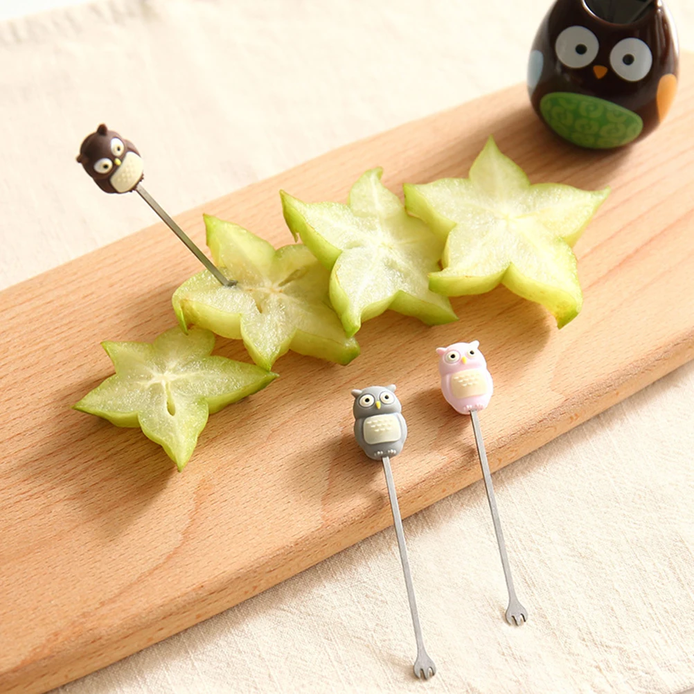 

7Pcs Stainless Steel Fruit Fork Set Owl Cartoon Ceramic Holder Snacks Dessert Picks Party Home Decor Fruit Fork