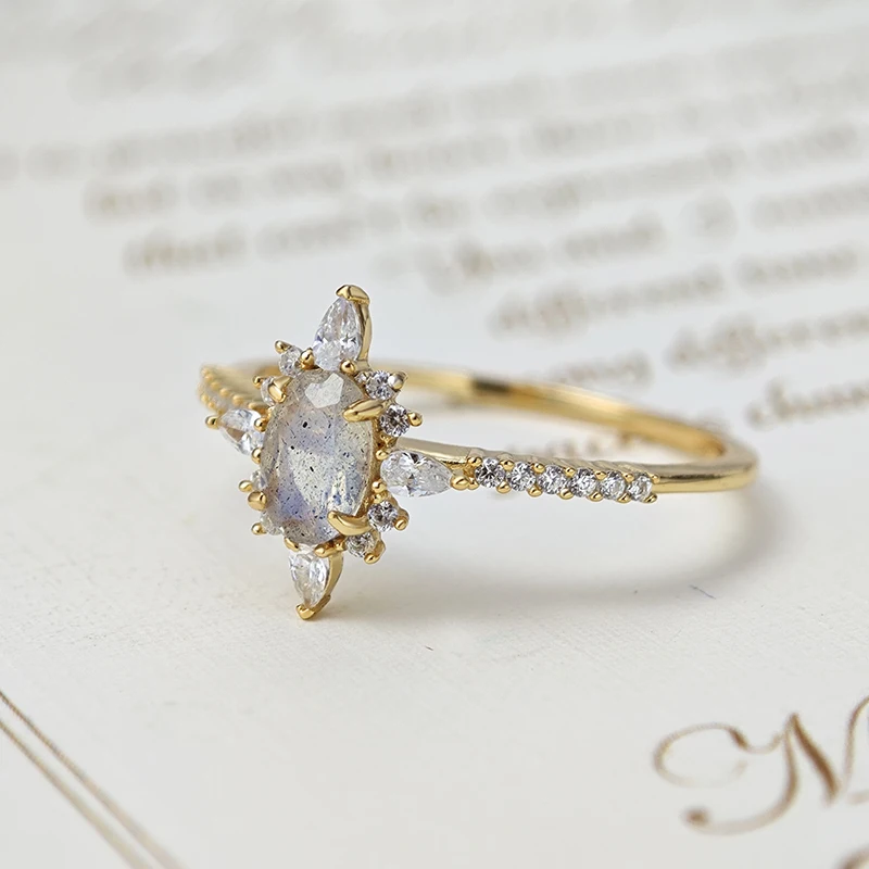 LAMOON Natural Labradorite Ring For Women Gemstone Star Ring 925 Sterling Silver Gold Vermeil Jewelry Wedding Engagement Ring