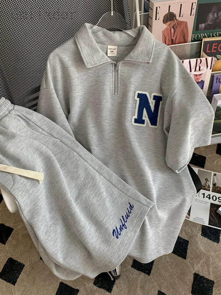 

Women Summer Tracksuits Short Sleeved Shirt Korean Waffle Sports Suits Lstter Comfort Shorts Suits Casual Two Piece Shorts Set